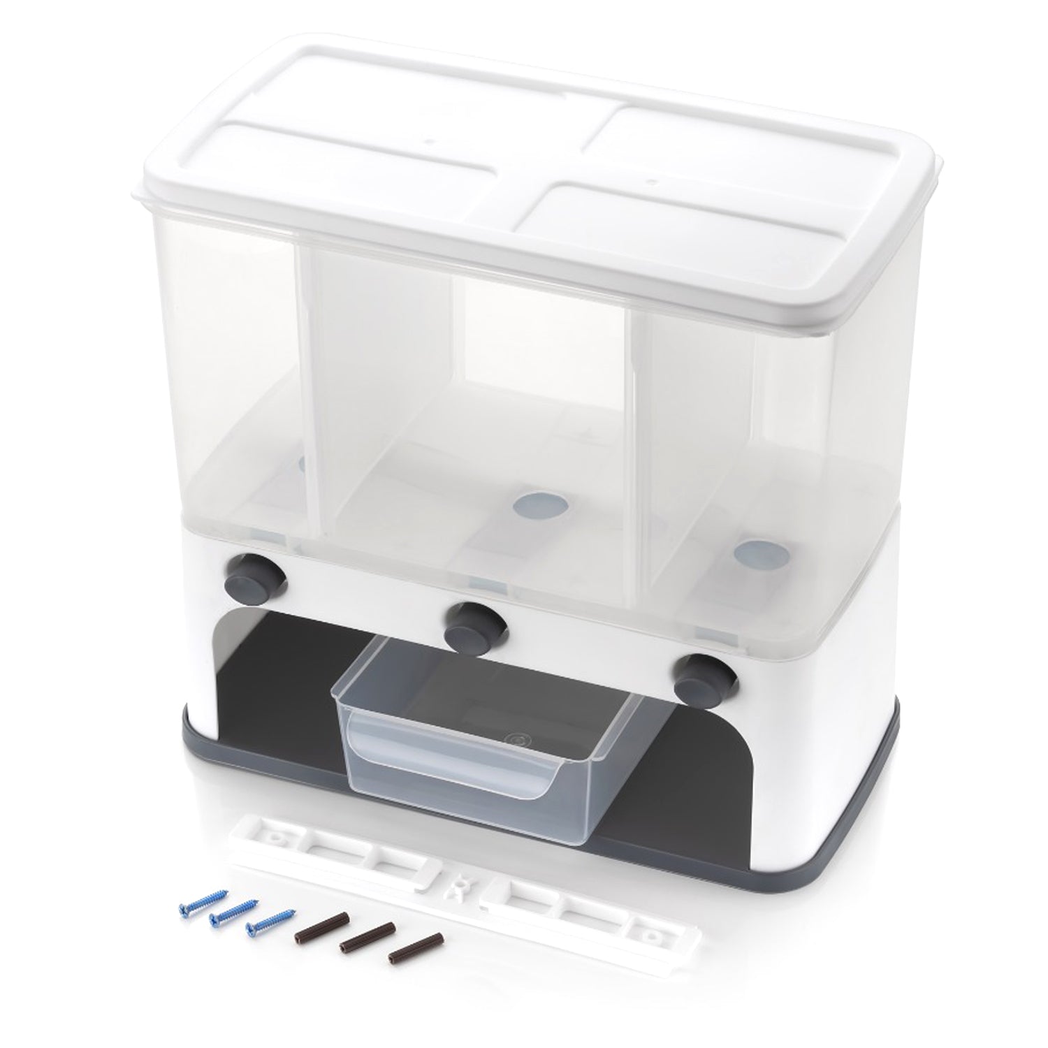 Cereal dispenser with three compartments and push button Cereal dispenser with three compartments and push button